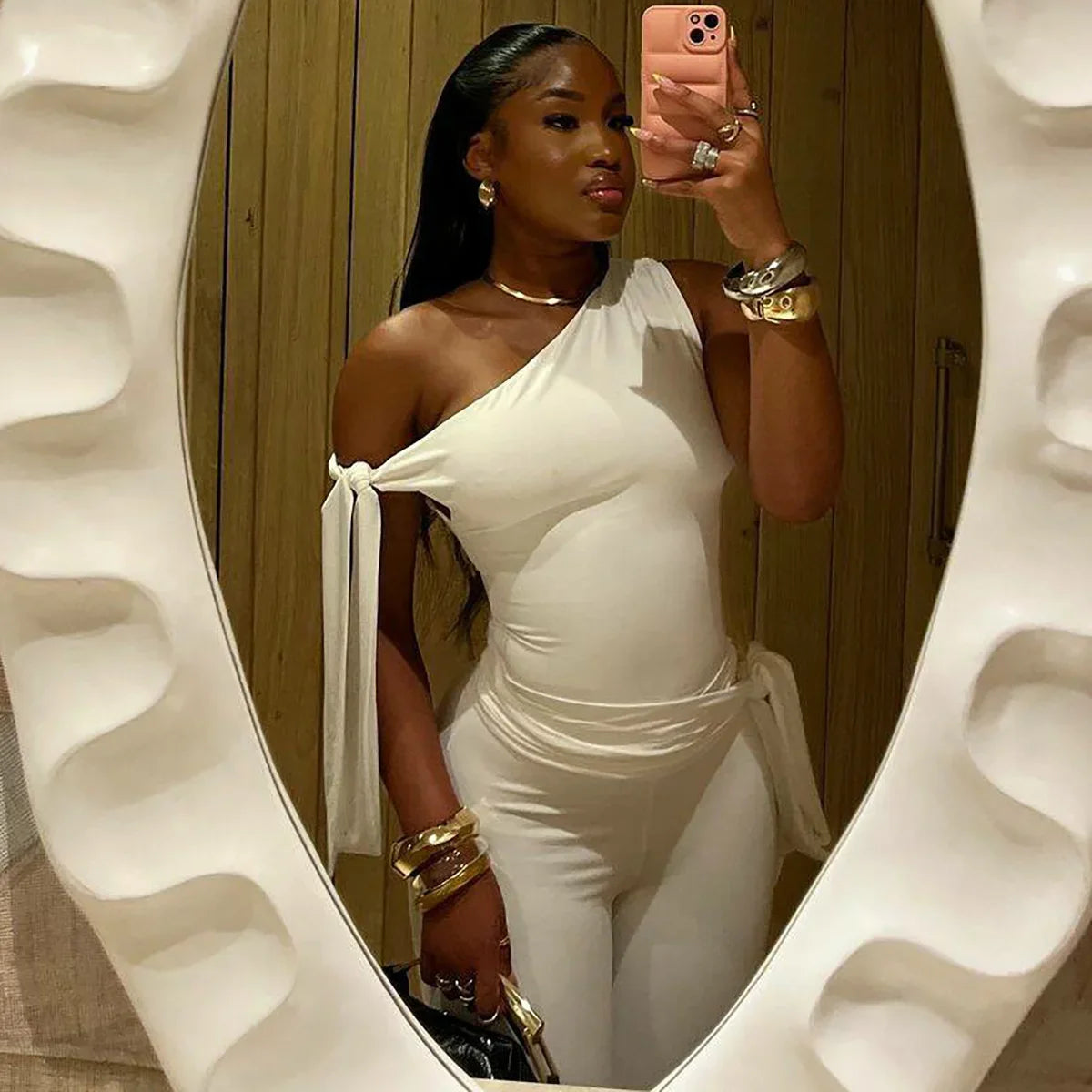 White One Shoulder Tie Up Top And Knee Length Pant Set