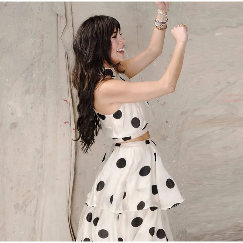 Sleeveless Polka Dot Crop Top And  Multi-Layer Ruffles Skirt Set