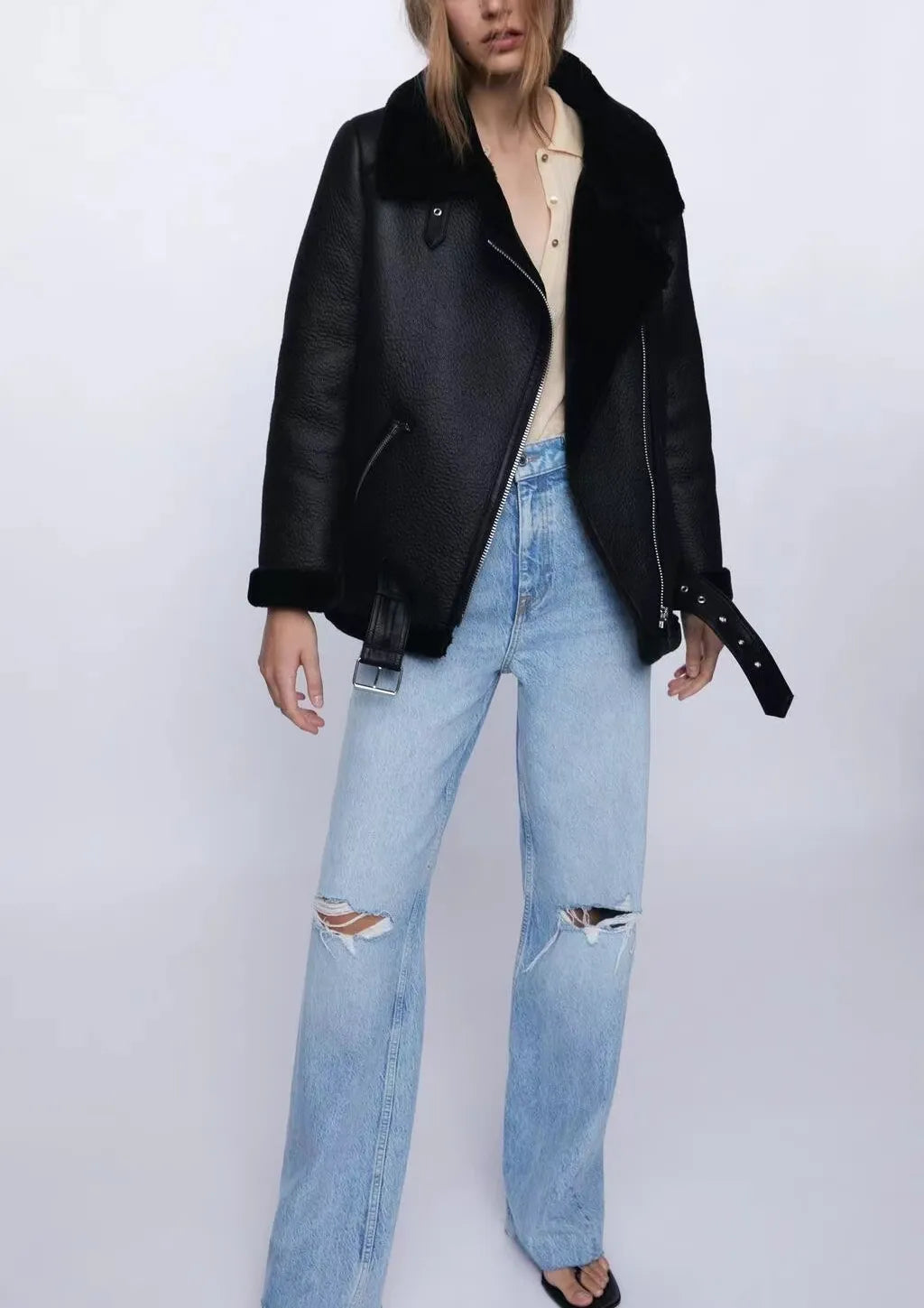 Faux Leather Double-Sided Zipper Biker Jacket