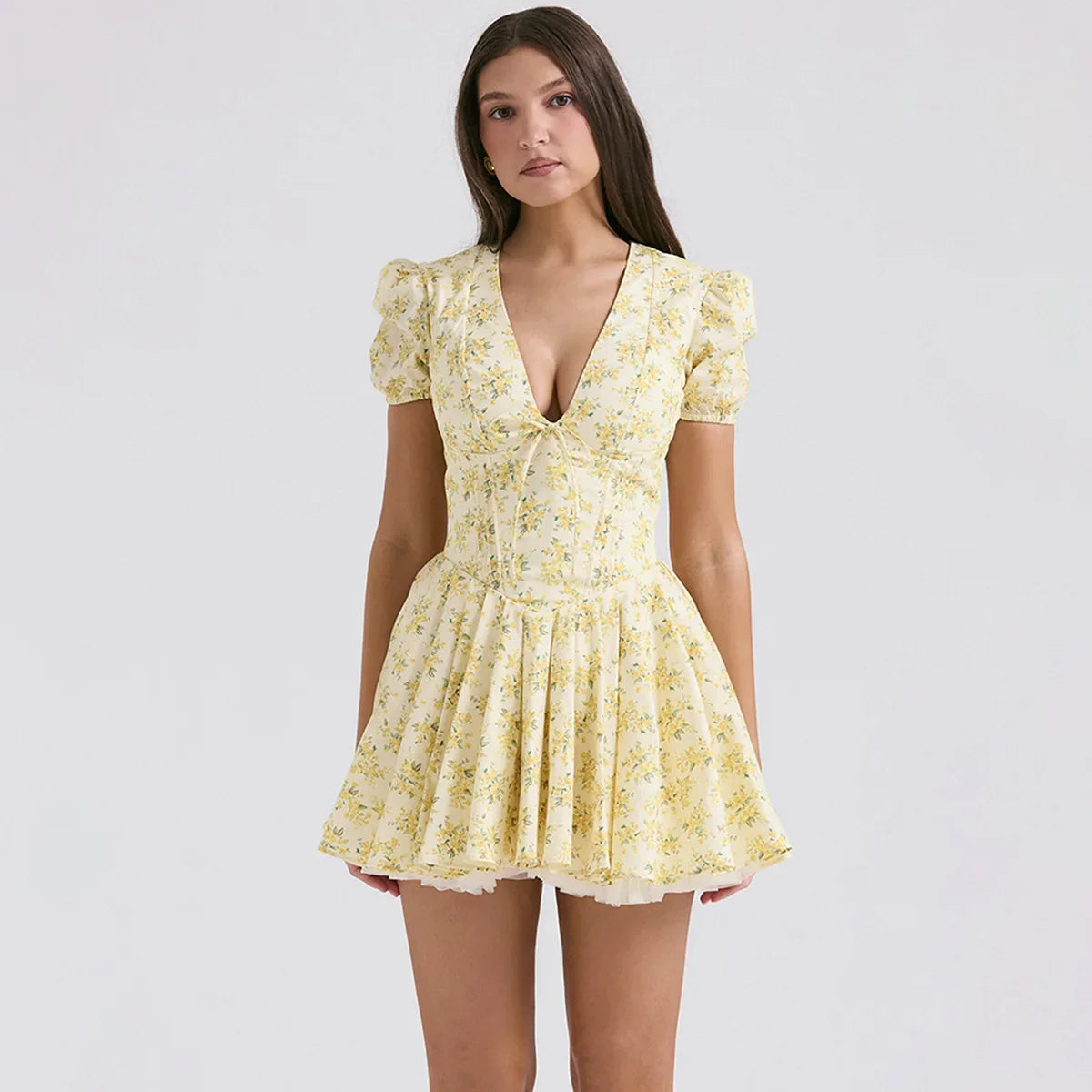 Yellow Floral Puff Sleeve Mini Dress