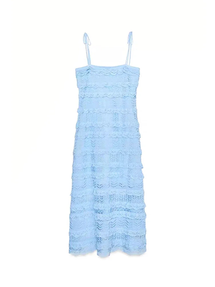 Blue Ruffle Tie Up Strap Long Dress