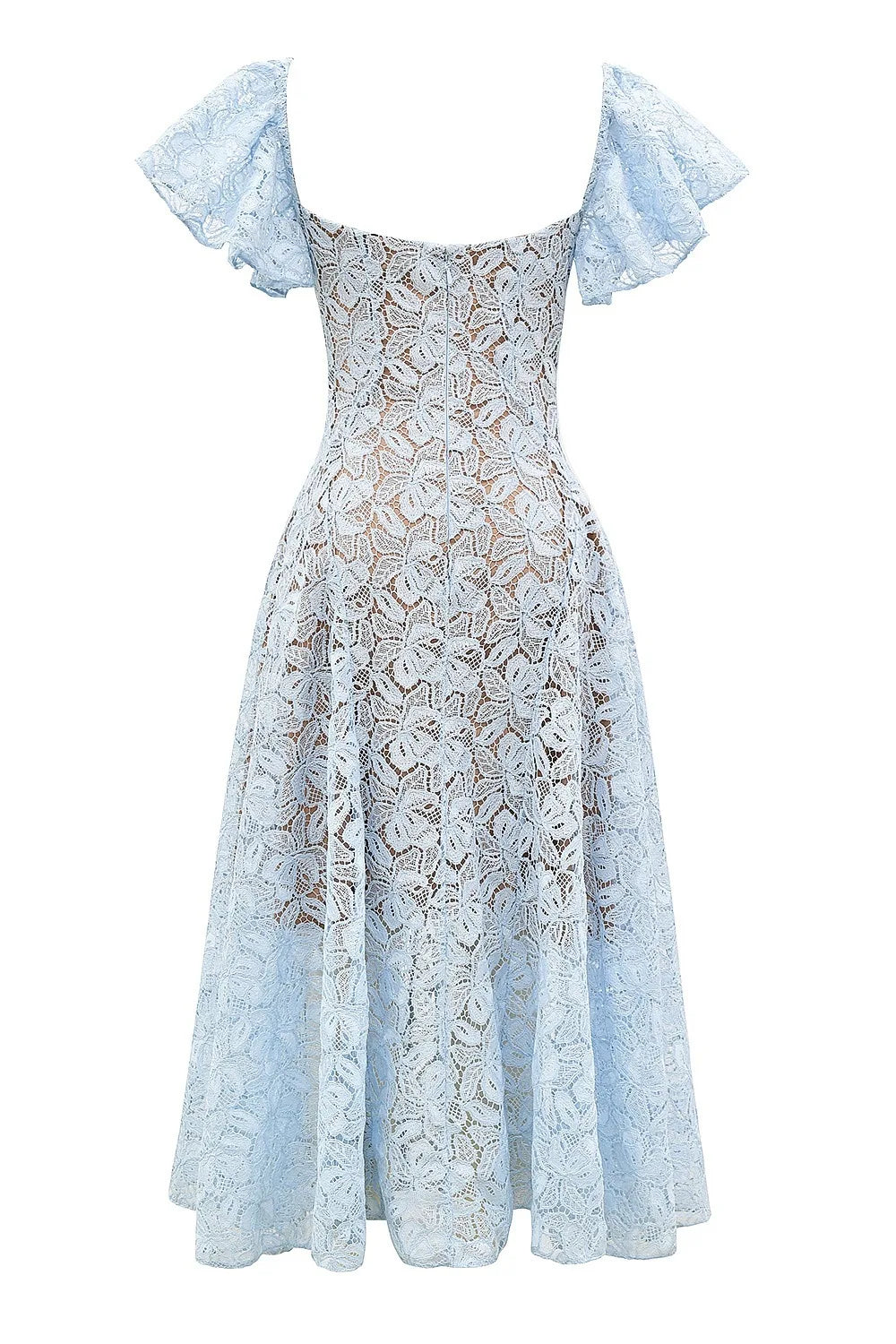 Blue Lace Flare Sleeve Midi Dress