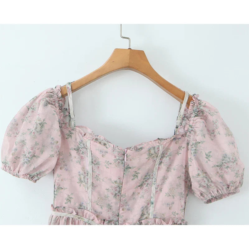 Two Tone Floral Print Puff Sleeve Midi Dress