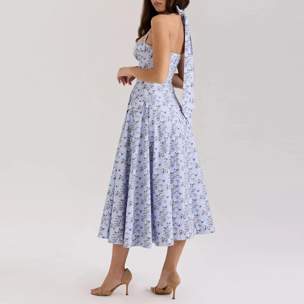 Printed Halter Flare Midi Dress