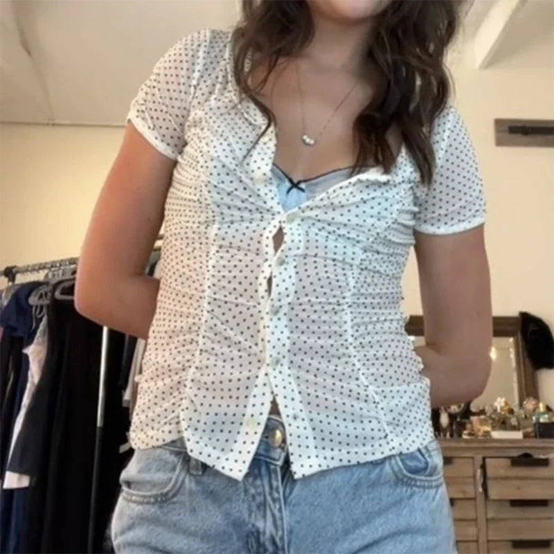Sheer Polka Dot Button Up Blouse Top