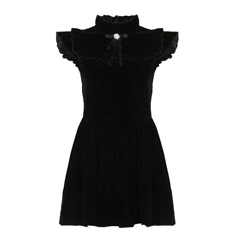 Ruffle Sleeve High Neck Velvet Black Mini Dress