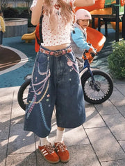 3D Chain Printing Denim Baggy Capri Shorts Jeans