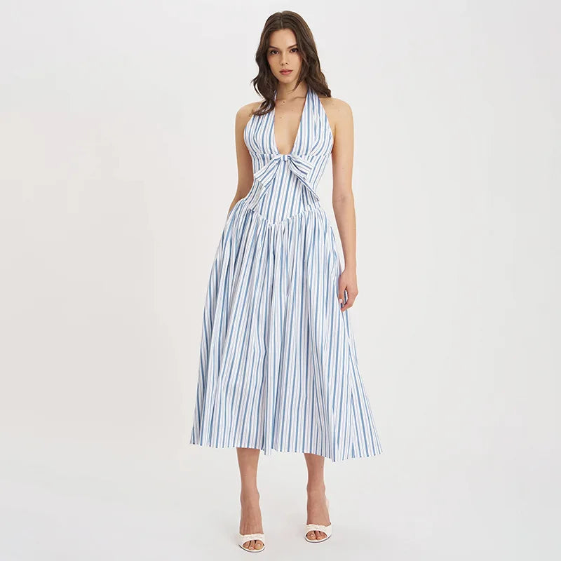 Blue Stripe Deep Neck Maxi Dress