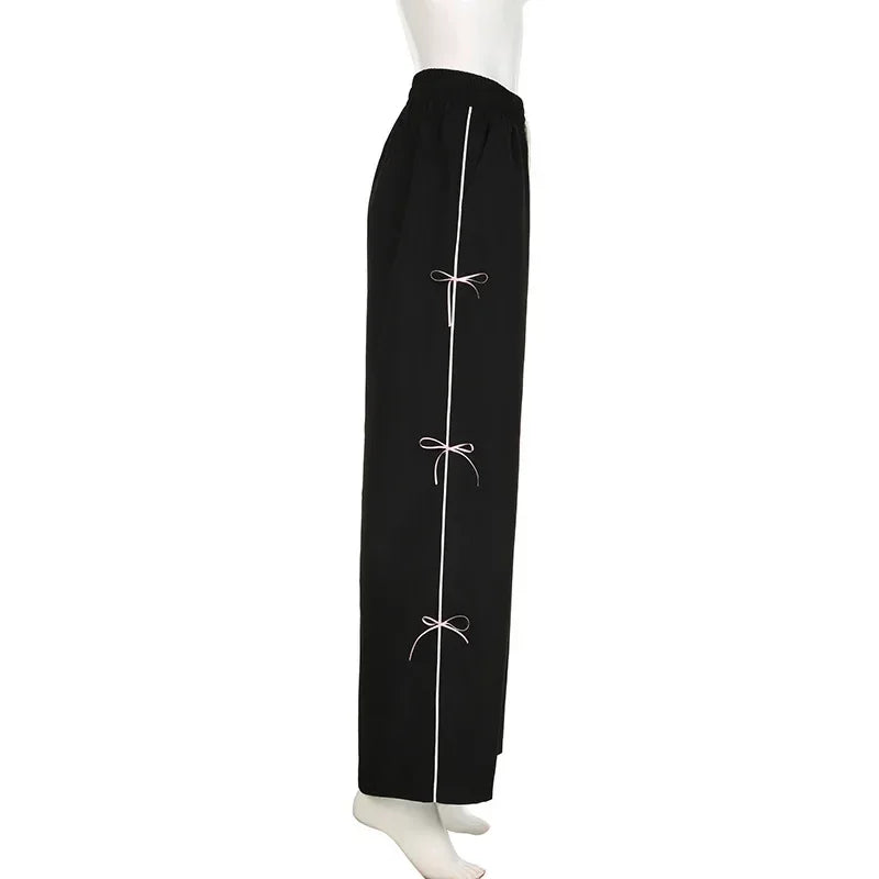 Black Side Bow Drawstring Straight Sweatpants