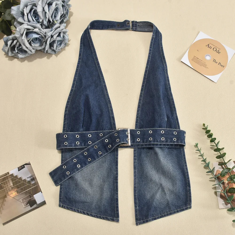 Denim Strap Plunge Open Back Halter Top