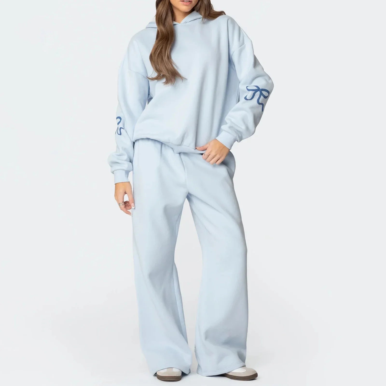 Bow Print Loose Fit Hoodie & Tracksuit Set - Women's Basics