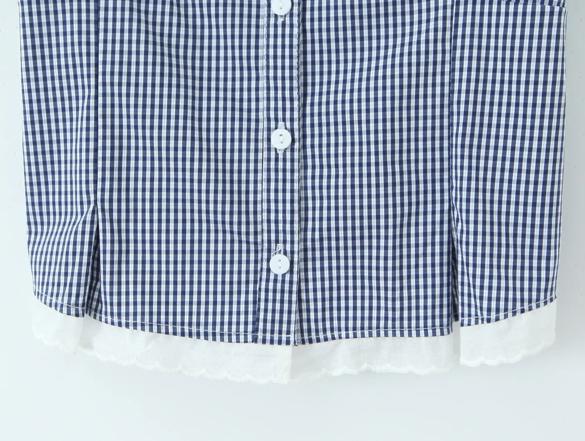Plaid Short Sleeve Lapel Collar Top