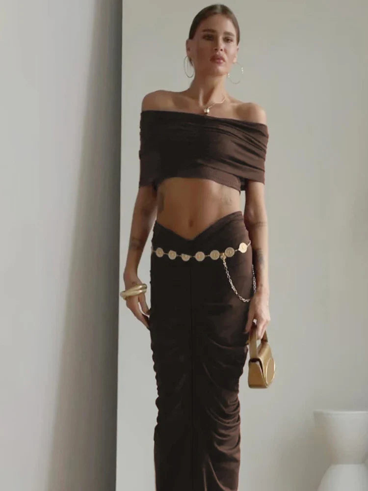 Off-shoulder Crop Top And Ruched Maxi Skirt Set
