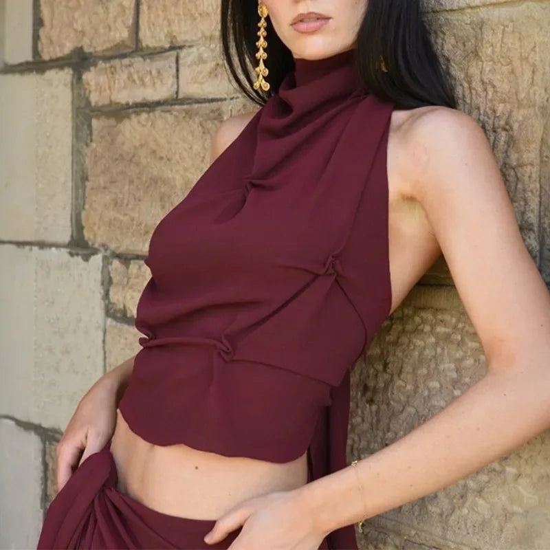 Halter Pinched Ruched Open Back Top