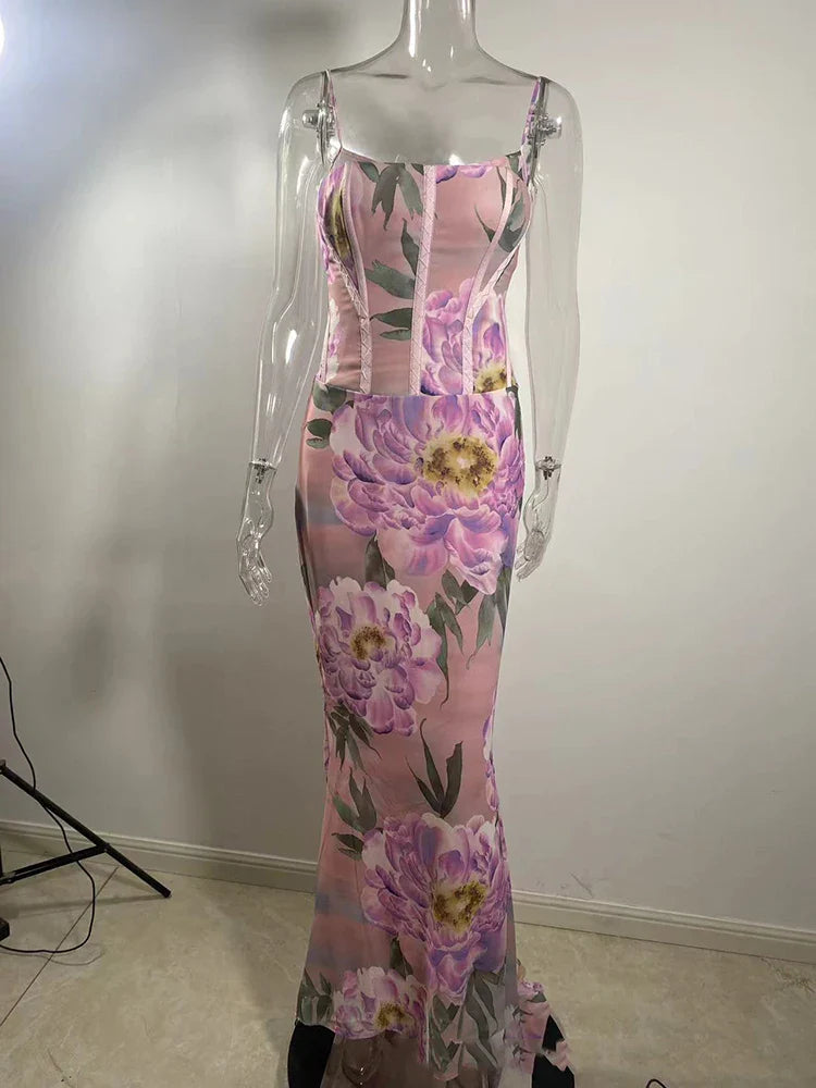 Pink Printed Corset Maxi Dres