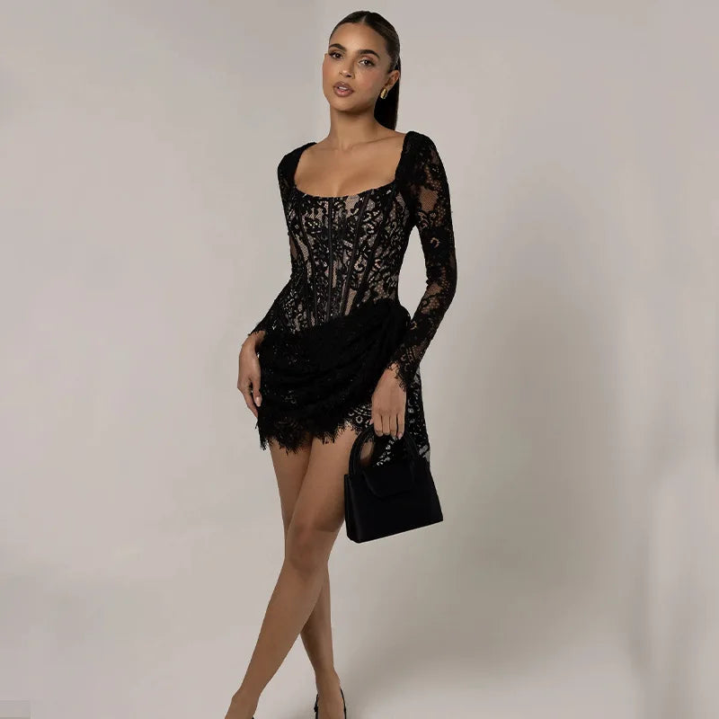 Black Long Sleeve Lace Bodycon Drape Mini Dress