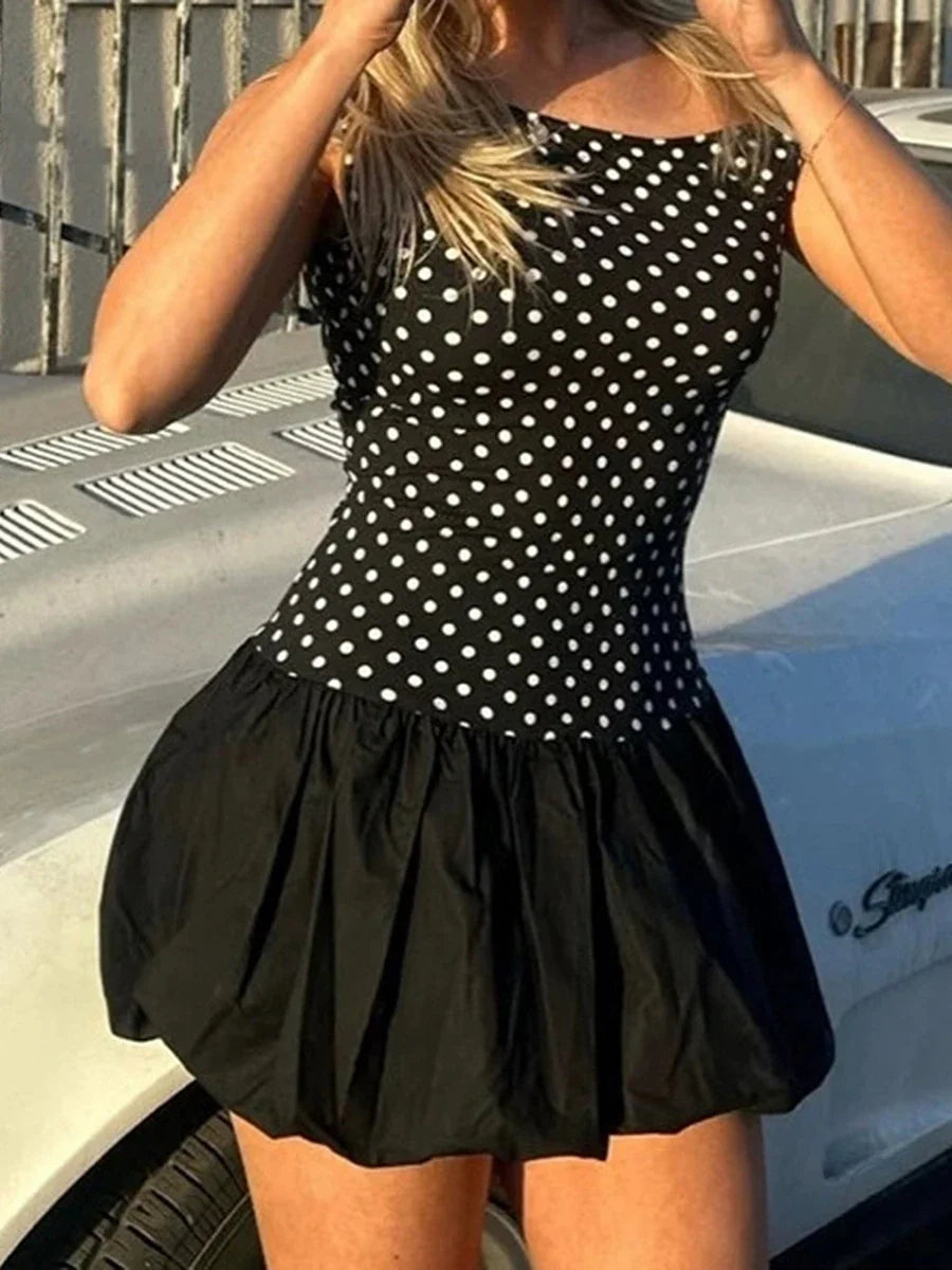 Black Off-shoulder Polka Dot Bubble Mini Dress