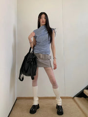 Striped Irregular Drawstring Lace Up High Neck Tees