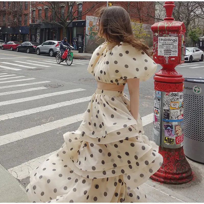 Polka Dot Bubble Sleeve Top And Ruffles Maxi Skirt Set