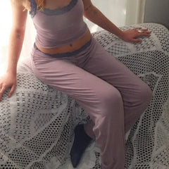 Leopard Printed / Solid Lace Trim Wide Leg Pants