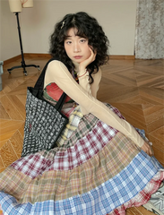 Plaid Patchwork Ruffles Maxi Skirt - Bohemian A-Line