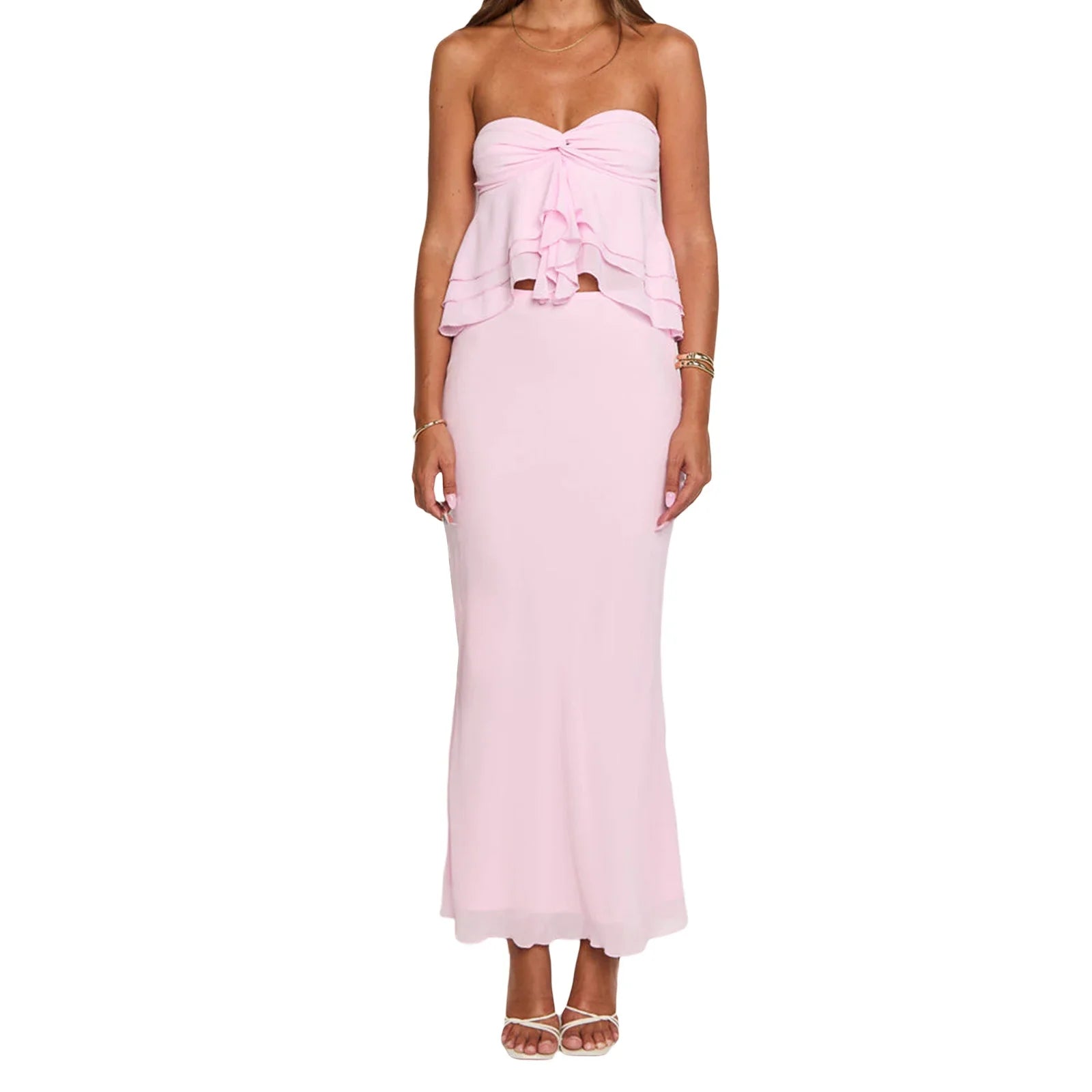 Pink Ruffle Tube Top And Maxi Skirt Set