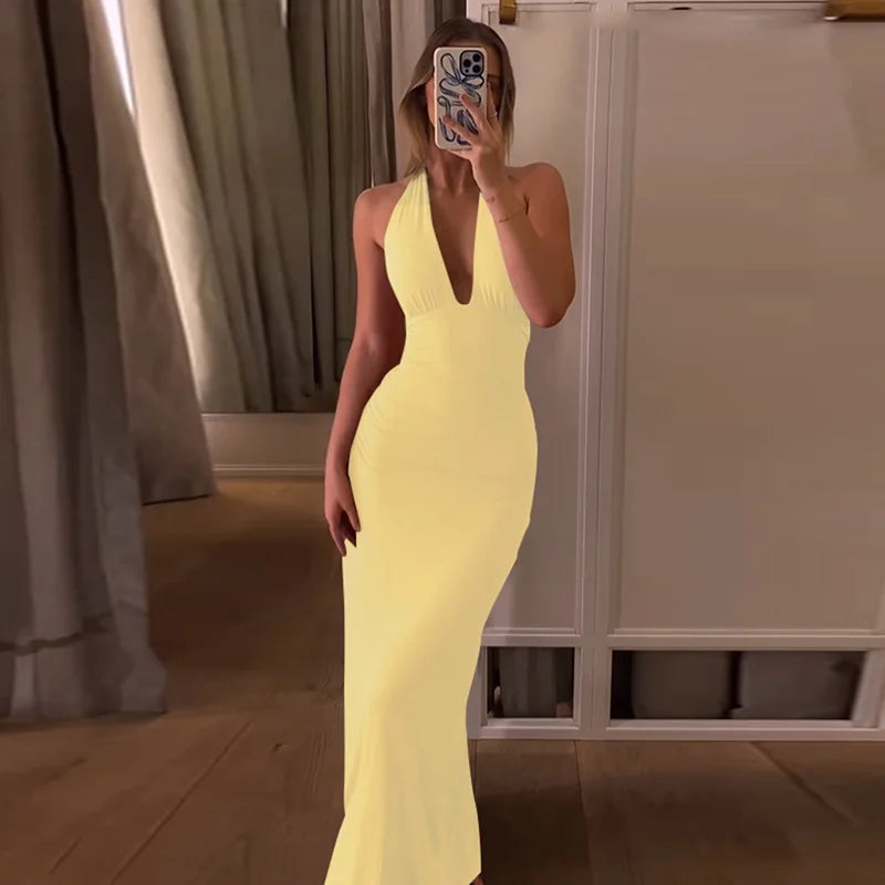 Deep Neck Halter Bodycon Maxi Dress