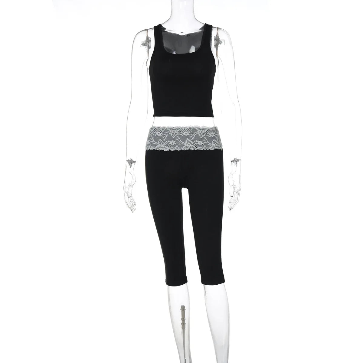 Black Tank Top And Lace Patchwork Capri Pants Set