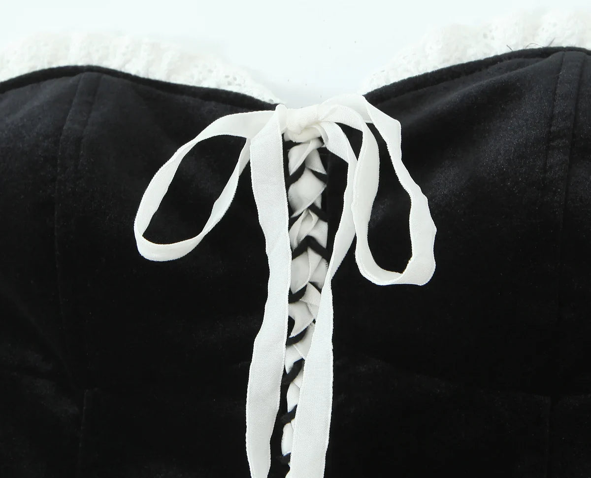 Black Velvet Lace Up Corset Top And Mini Skirt Set
