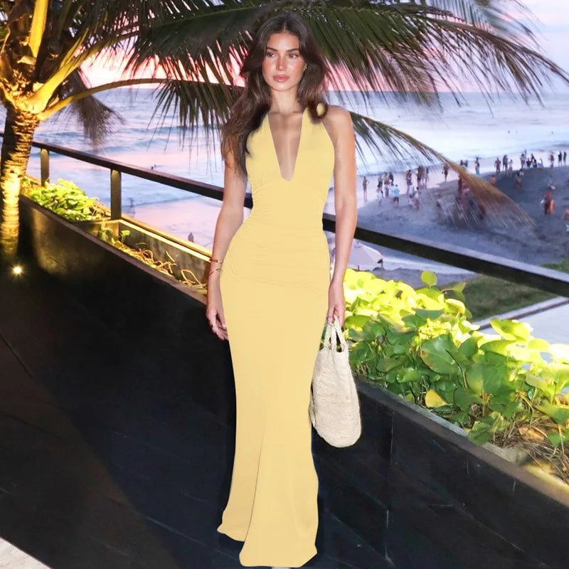 Deep Neck Halter Bodycon Maxi Dress