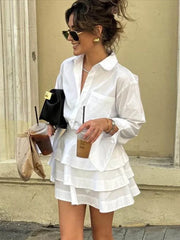 White Collar Shirt And Frill Mini Skirt Set