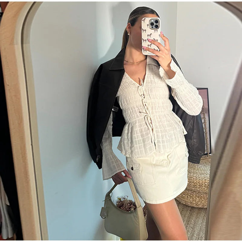 White Ruched Tie Up Long Sleeve Top