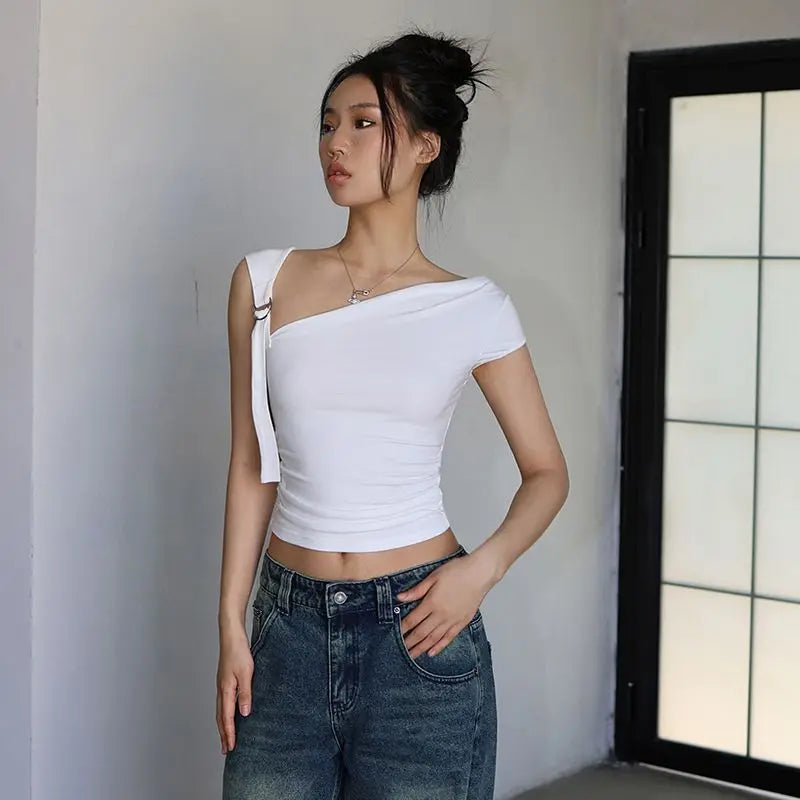 Asymmetric Strap Buckle Sleeve Crop Top