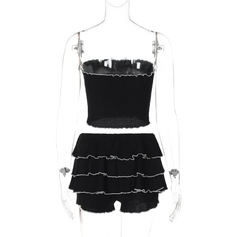 Black Bow Crop Top Ruffled Mini Skirt Set