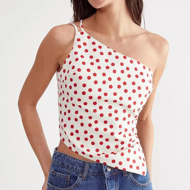 Irregular Hem Polka Dot One Shoulder Backless Tie Up Top