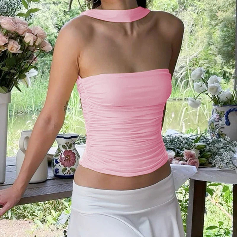 Ruched Tube Top with Scarf - Y2K Style