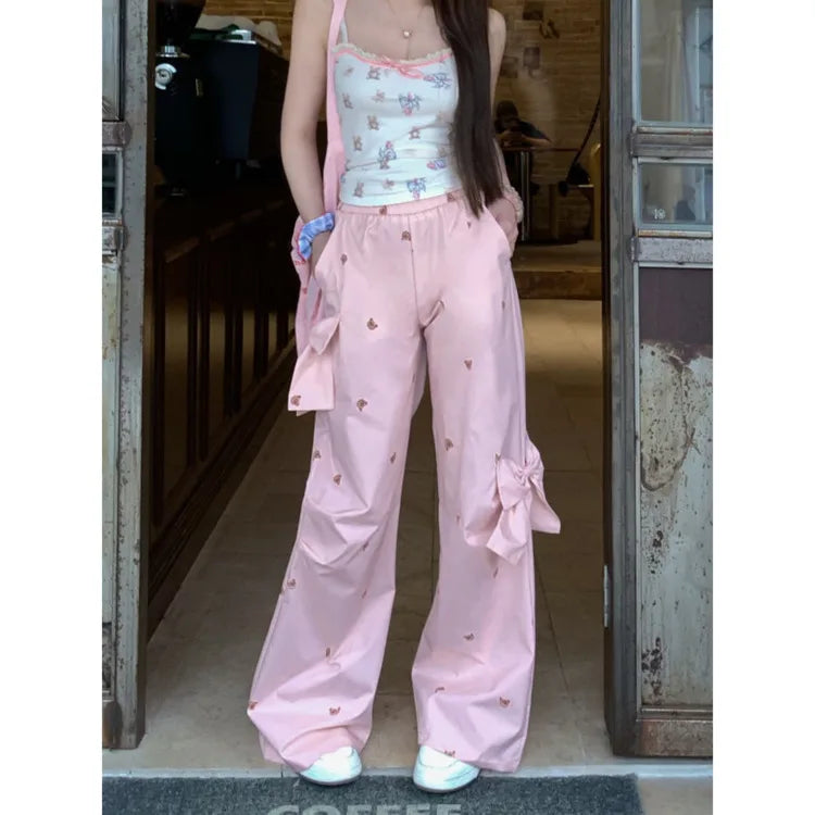 Bows Bear Printed Wide Leg Elastic Cargo Pants