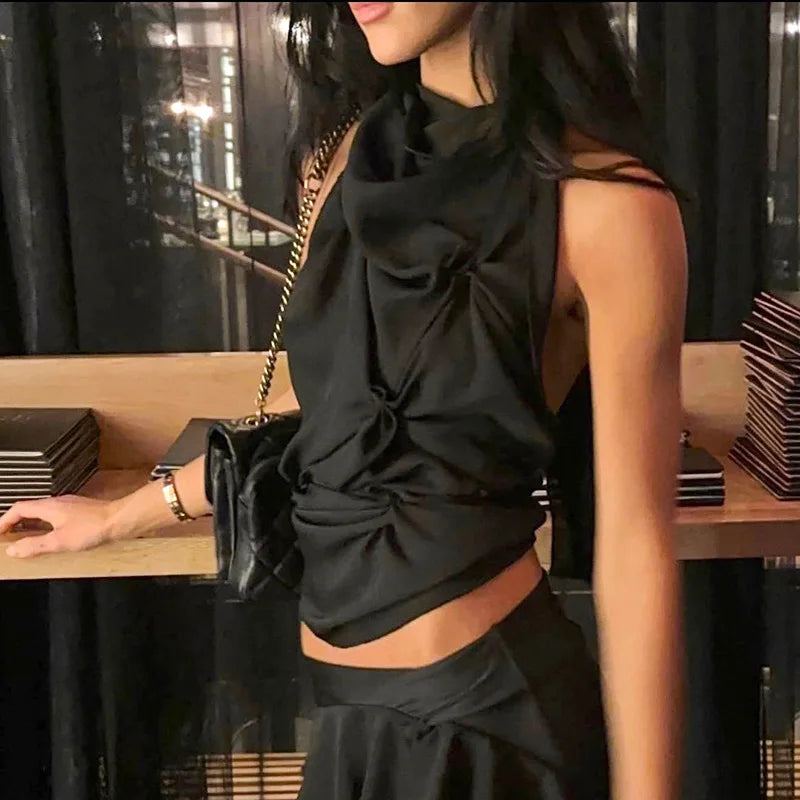 Halter Pinched Ruched Open Back Top