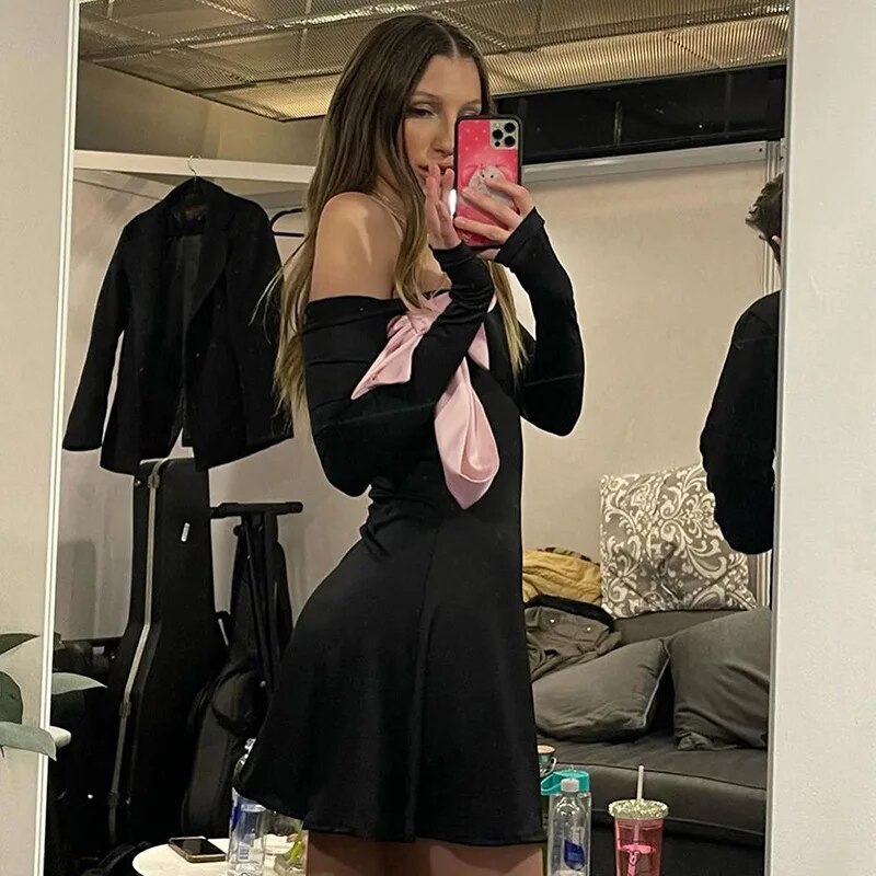 Black Off-shoulder Bow Long Sleeve Mini Dress
