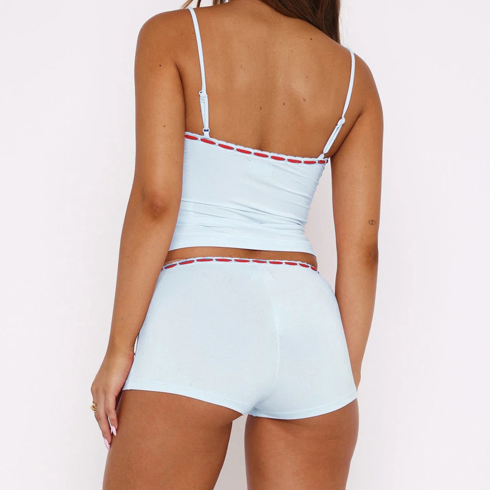 Bow Lace Trim Cami Top And Shorts Set
