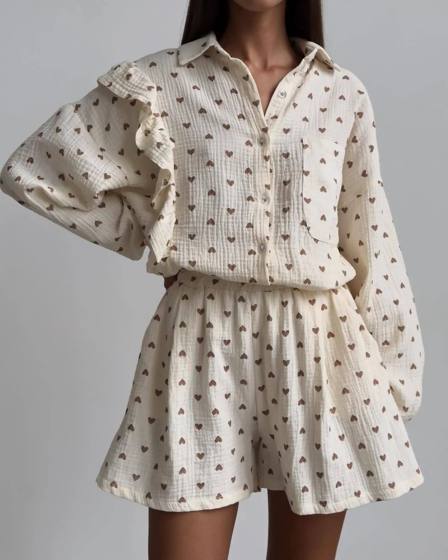 White Linen Printed Shirt And Shorts Set