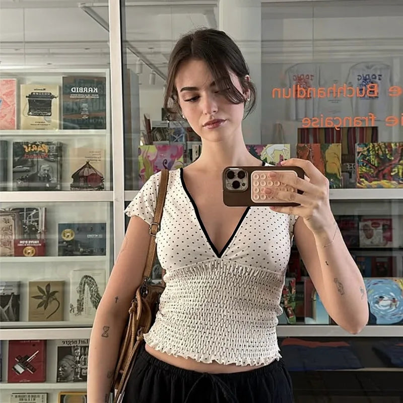 White V-Neck Printed Short Sleeve Top - Regular Fit