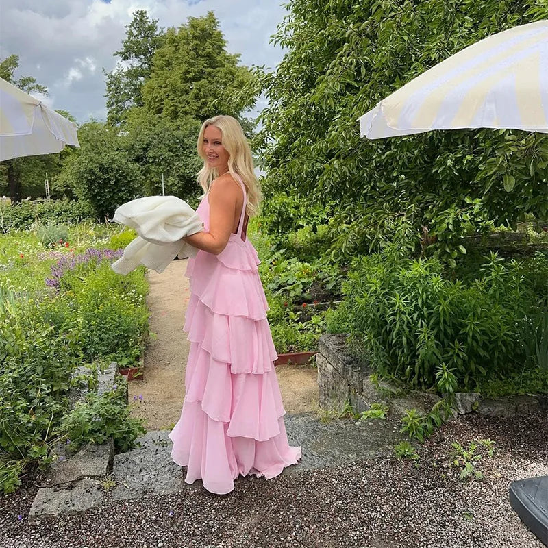 Pink Pleated Halter Maxi Dress