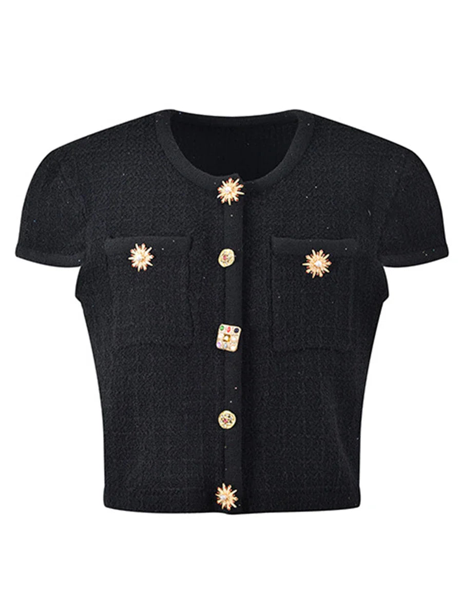 Knit Brooch Short Sleeve Top And Mini Skirt