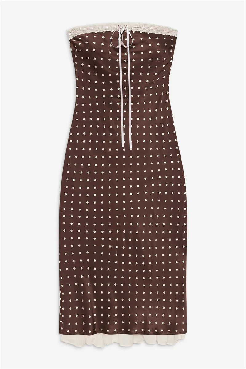 Brown Satin Polka Dot Strapless Midi Dress