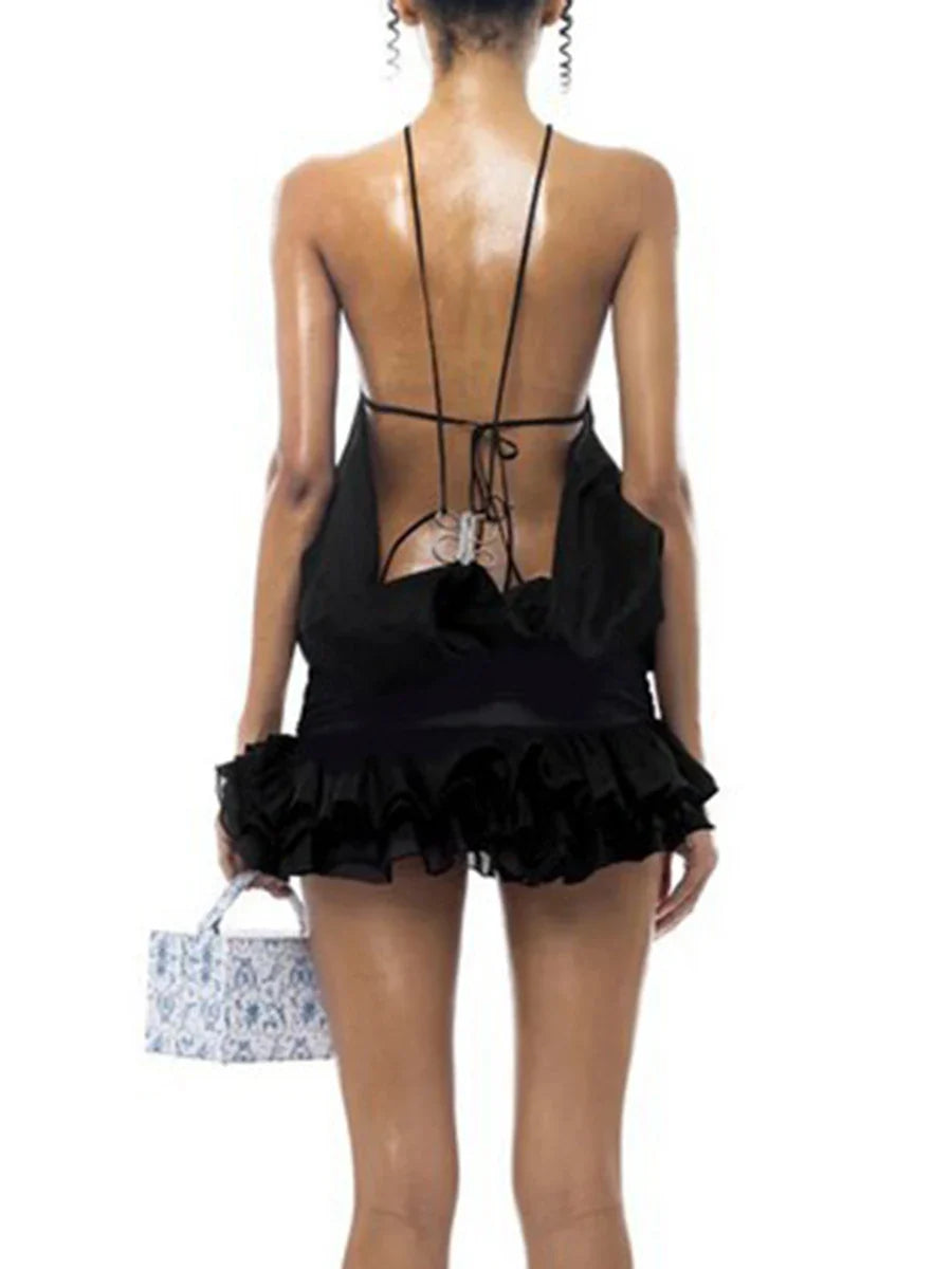 Black Halter Open Back Mini Dress