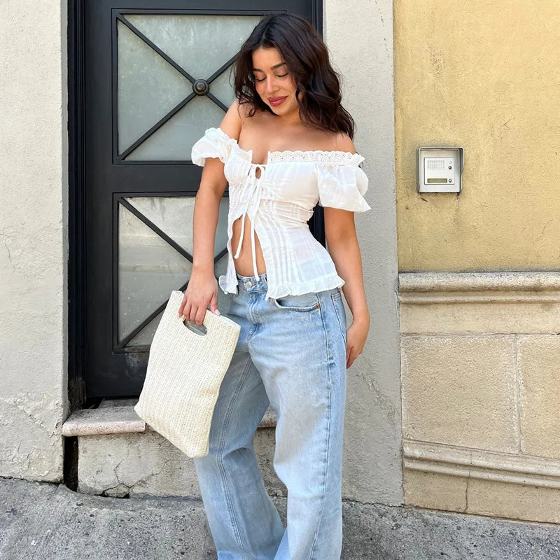 White Lace Up Tie Up Ruffle Top