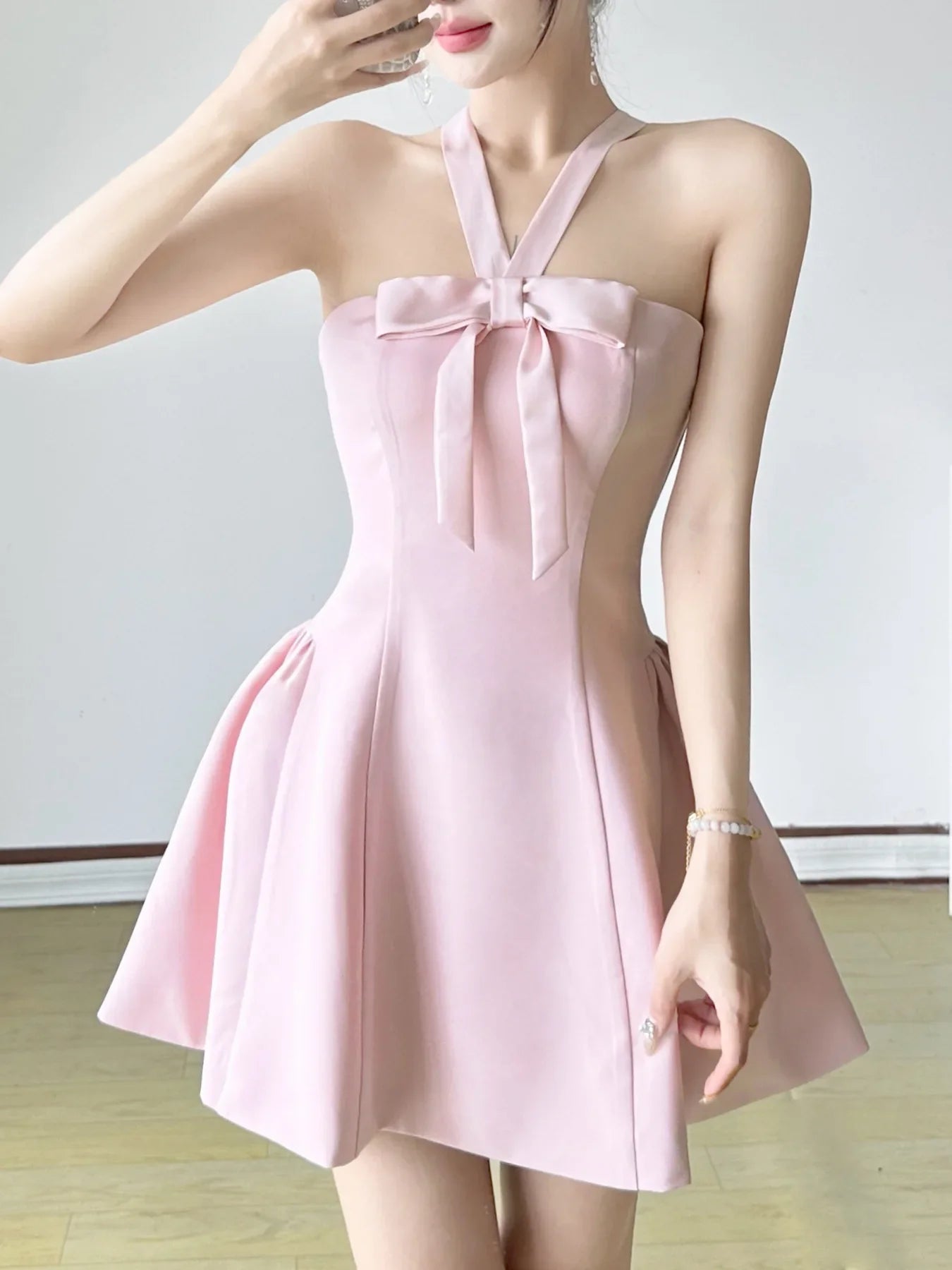 Pink Strapless Bow Strap Mini Dress