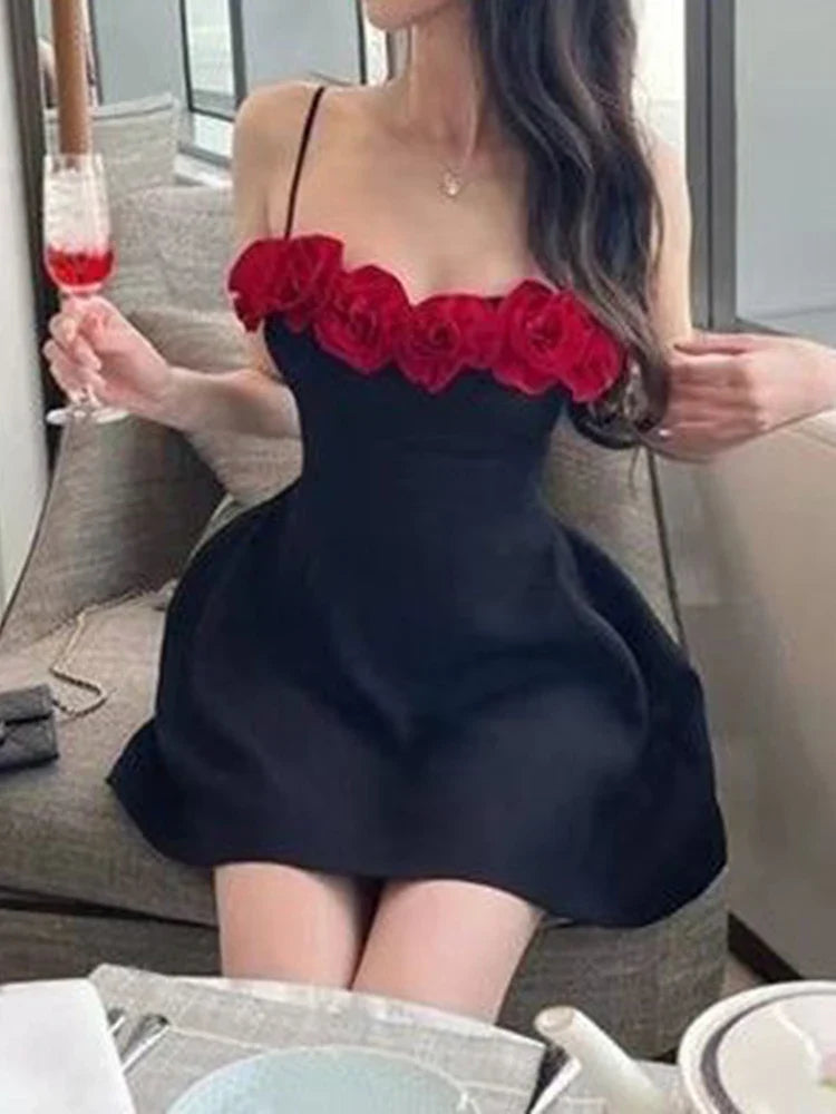 Black Cami 3D Red Flower Mini Dress