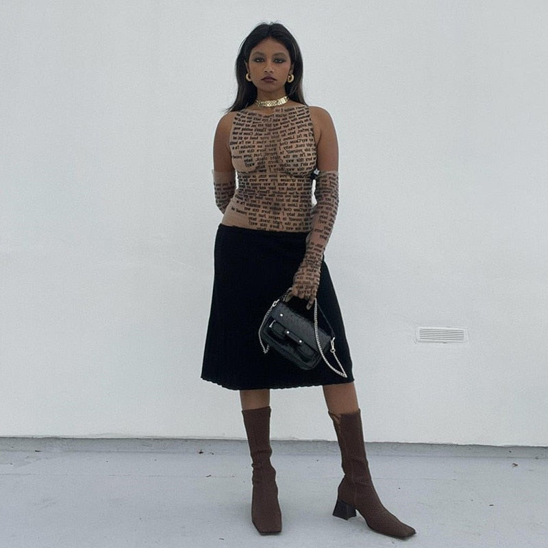 Mesh Letter Print Sleeveless Top With Gloves